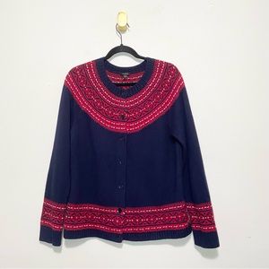 Talbots Navy Red Lambswool Blend Fair Isle Cardigan Sweater
